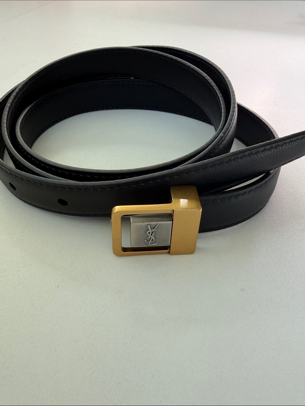 Saint Laurent Black Leather Belt with Gold-Tone Square Buckle and YSL Detail